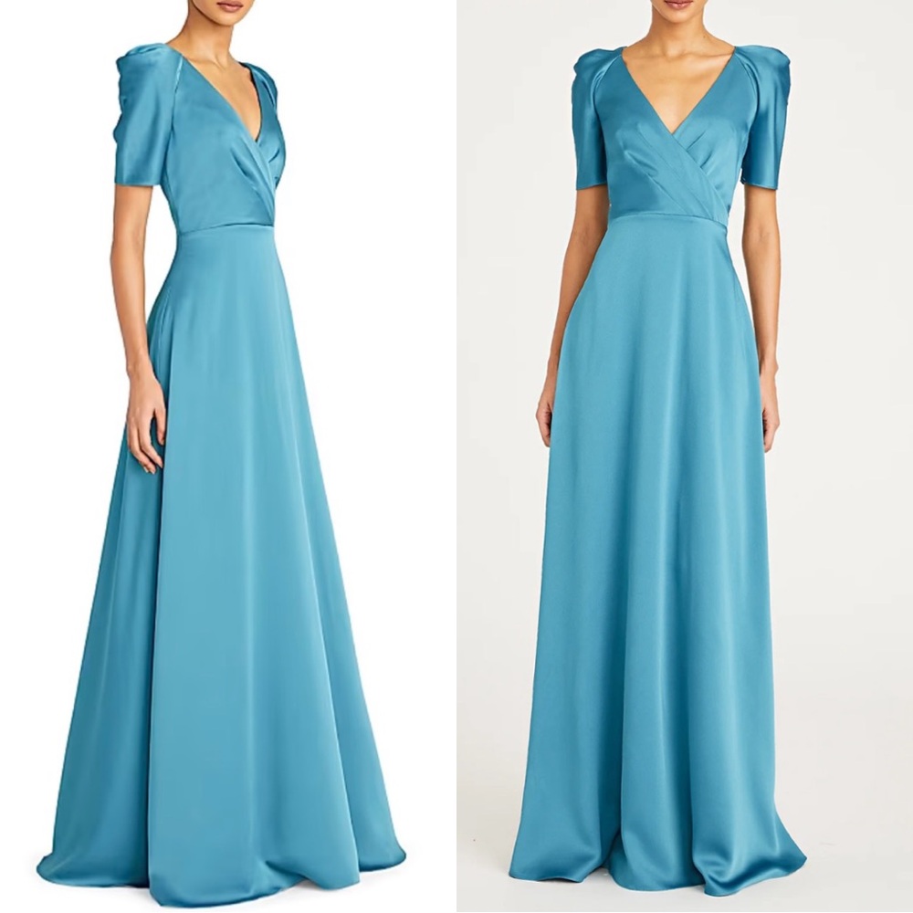 THEIA Marina V Neck Satin Gown Sea Glass NEW Size 4